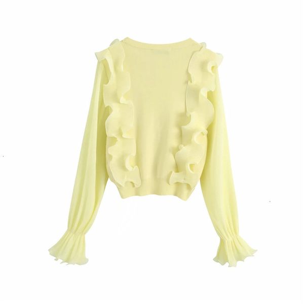 

new blouse 2021 women ruffled knitted cropped fashion o-neck long sleeves ruffle trims patchwork chic female cgjn afzf, White