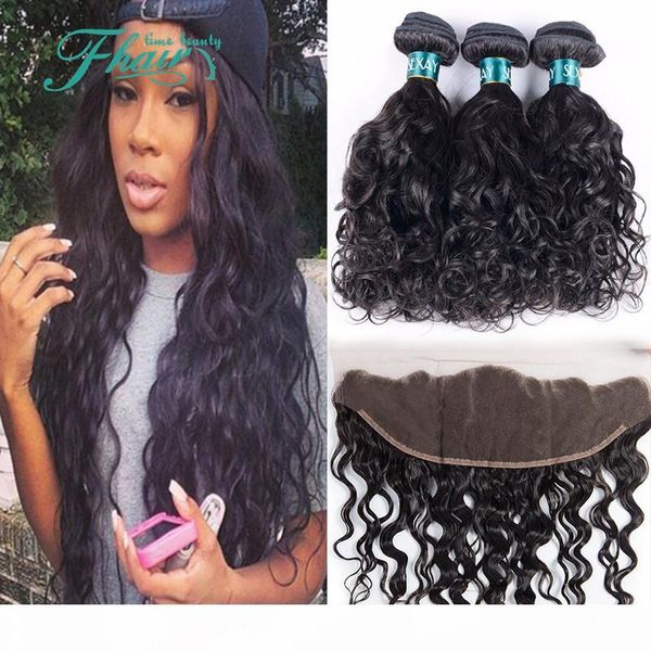 

indian hair wet and wavy with 13x4 full lace frontals 4pcs lot 8a water wave human hair bundles with lace frontal closure, Black