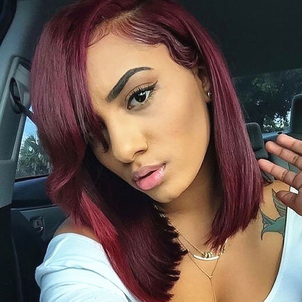 

180 density wine red colored brazilian short bob wigs 99j synthetic lace front wig with baby hair for black women