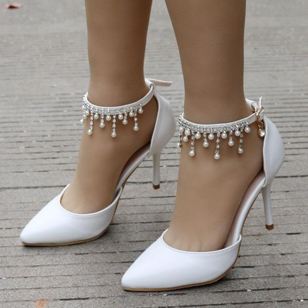

women sandals shoes buckle strap string bead tassel 9.5cm thin high heels pointed toe shallow solid party female shoes ples siz, Black