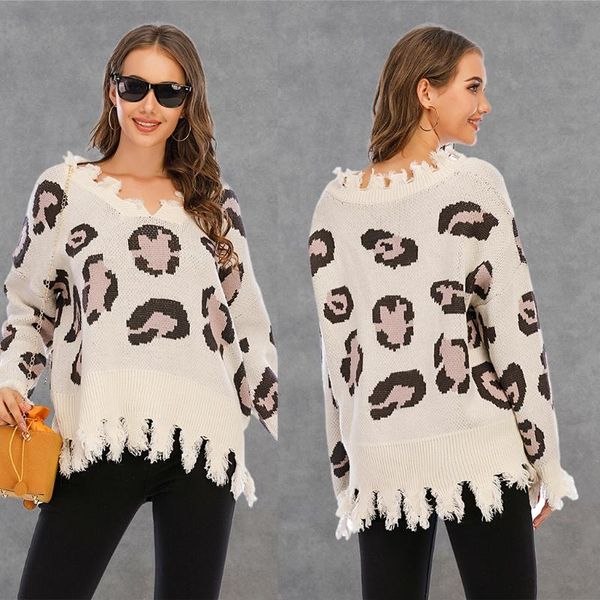 

women long sleeve knitted sweater v-neck leopard print ripped loose, White;black