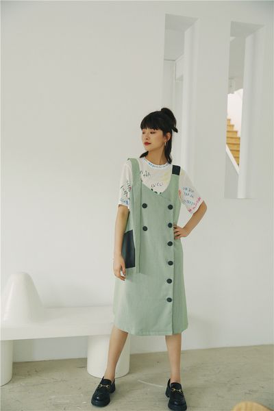 

2021 new green plaid suspender women double-breasted casual summer button up v neck pinafore 8q1i, Black;gray