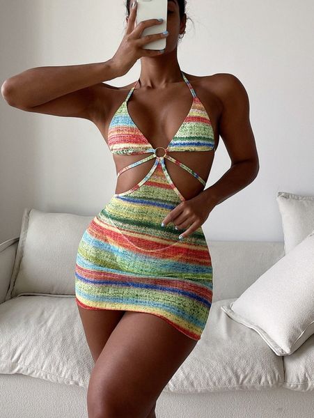 

tie dye ring linked cover up with bikini bottom p1re#, White;black