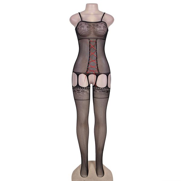

black nylon women fishnet bodystocking open crotch transparent red strappy front lingerie sexyy erotic plus size costume, Red;black