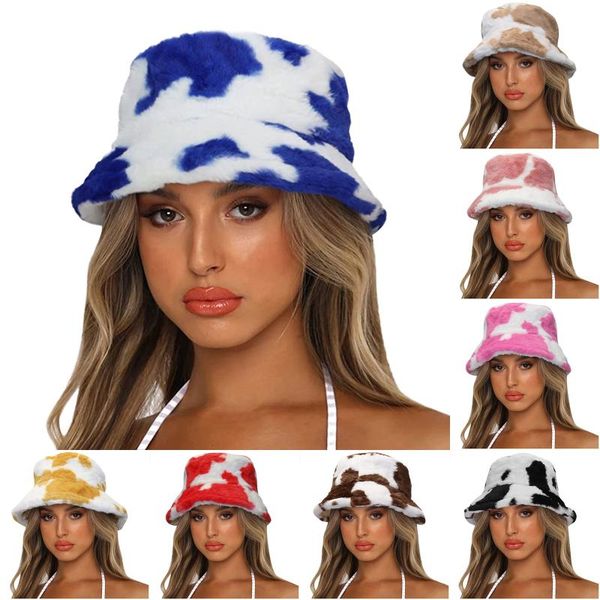 

wide brim hats winter cow leopard faux fur fluffy bucket women outdoor warm sun hat soft plush furry fisherman cap girl fashion panamas#gm, Blue;gray