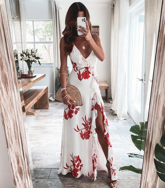 

casual dresses floral print long dress women 2021 summer backless maxi black elegant sleeveless split party robe, Black;gray