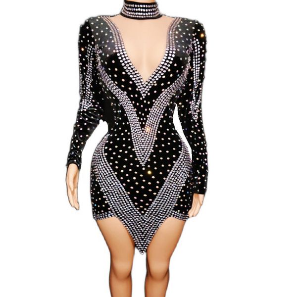 

new women silver crystals velvet long sleeve dress evening outfit prom birthday dresses latin dance costume dancer stage wear, Black;red