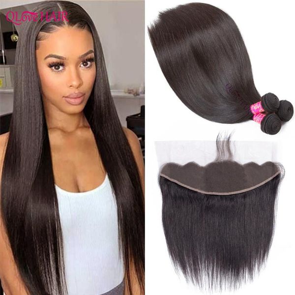

human hair bulks qlove straight bundles with frontal 13x4 transparent lace peruvian remy extension, Black
