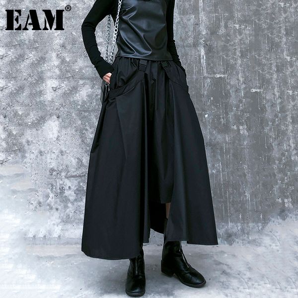 

[eam] high elastic waist black buckle split joint irregularhalf-body skirt women fashion tide new spring autumn 2021 210305