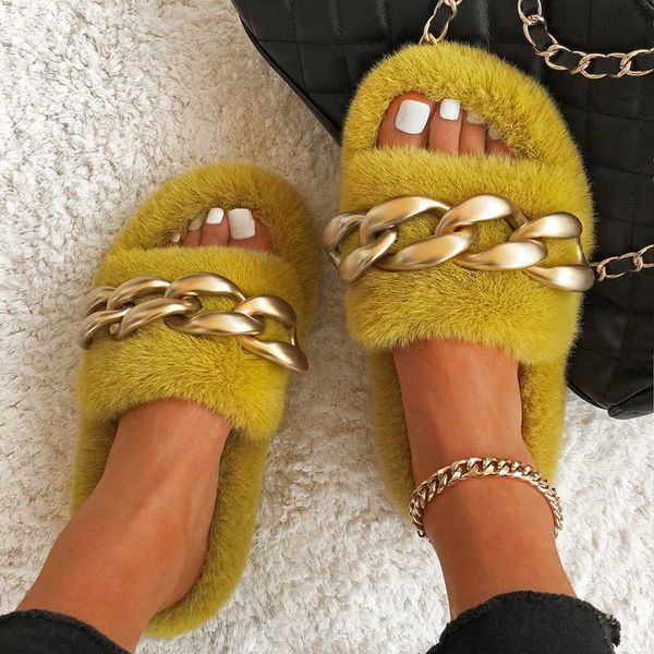 

wide comfortable fluffy fur home slides shoes for ladies winter slipper women open round toe flip flops metal chain big size 43 h0914, Black