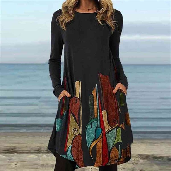 

2022 pocket long sleeve loose womens dresses irregular fall patchwork pattern print a line vintage round neck party, Black;gray