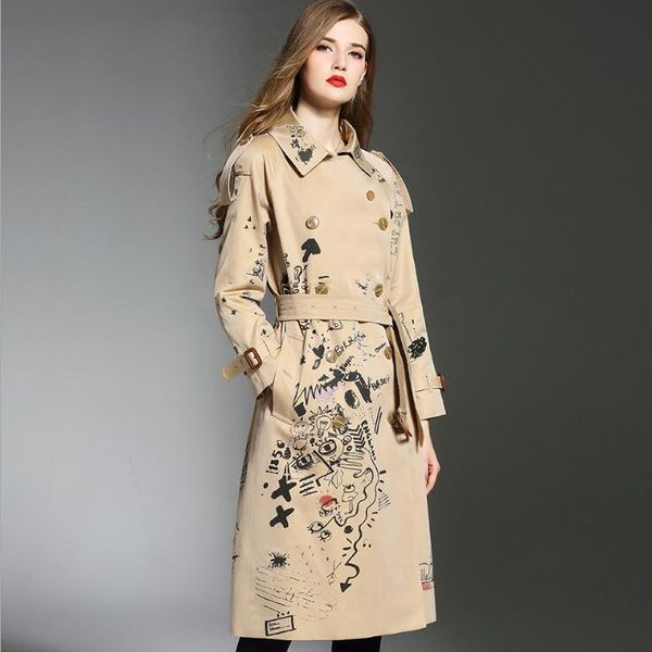 

women's trench coats double-breasted graffiti female khaki over the knee autumn 2021 long section dignified atmosphere slim coat, Tan;black