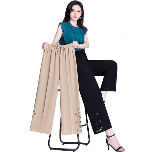 

summer wide leg solid women pants elastic high waist thin hollow straight plus size middle aged nine, Black;white