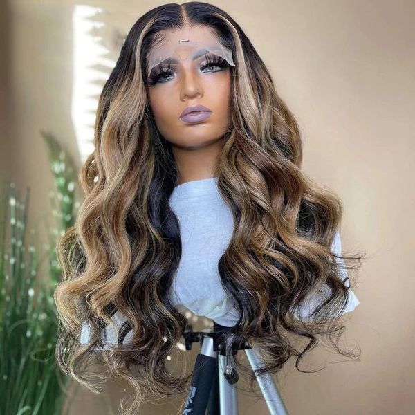 Long Wave Highlight Brown Color 13x6 Lace Front Pelucas de cabello humano 360 Peluca frontal para mujeres negras Pelucas de encaje completo Medio Nudos blanqueados sin cola