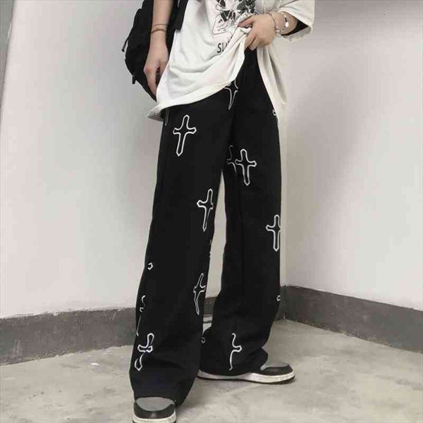 

trendy pants women ins dark print straight wide leg pants loose high waist slimming all-match casual trousers y2k, Black;white