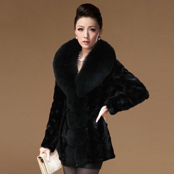 

women's fur & faux winter mink collar patchwork coat medium long black jacket cotton lining thick warm covered button