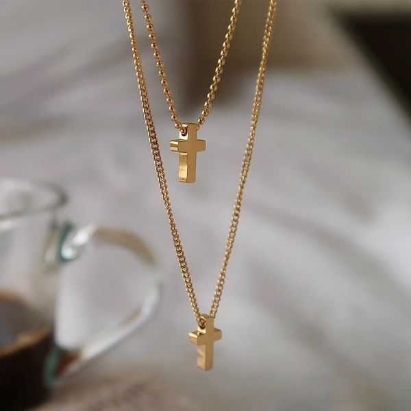 

pendant necklaces gold plated titanium steel chain double cross pendants necklace choker statement women men gift fine jewelry, Silver
