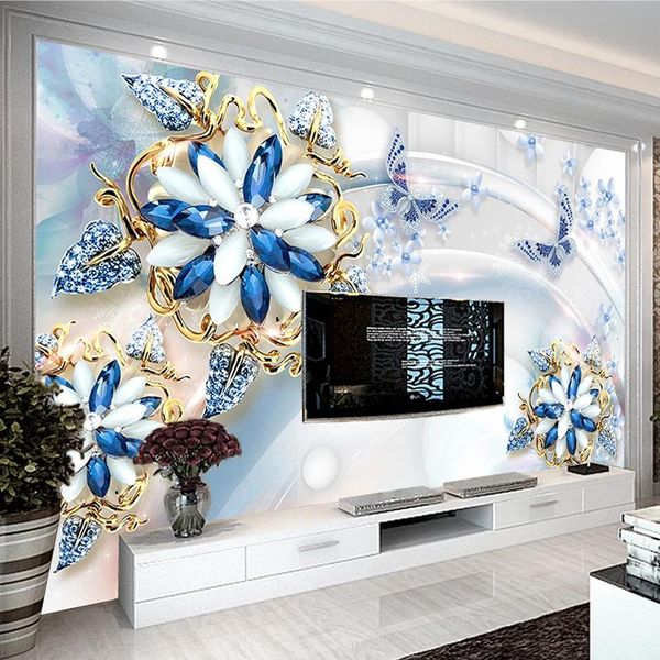 

wallpapers drop custom 3d po wallpaper luxury blue jewelry flowers decor wall painting european style living room bedroom mural