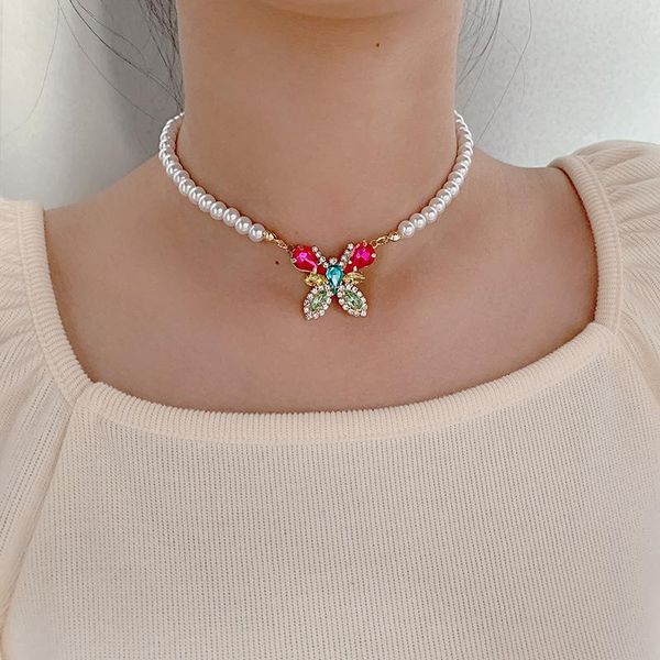 

pendant necklaces lovoacc fairy colorful rhinestone butterfly necklace for women imitation pearl beaded insect wing choker gifts, Silver