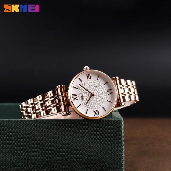 

wristwatches skmei fashion casual diamond-studded literal steel belt ladies quartz watch starry rhinestone inlaid 1533, Slivery;brown
