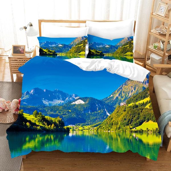 

bedding sets 2/3 pieces beautiful landscape set 3d print mountain river duvet cover fashion bed home adults quilt