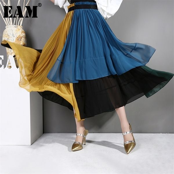 

[eam] new spring summer high elastic waist blue chiffon hit color pleated irregular half-body skirt women fashion tide jg20 210310, Black