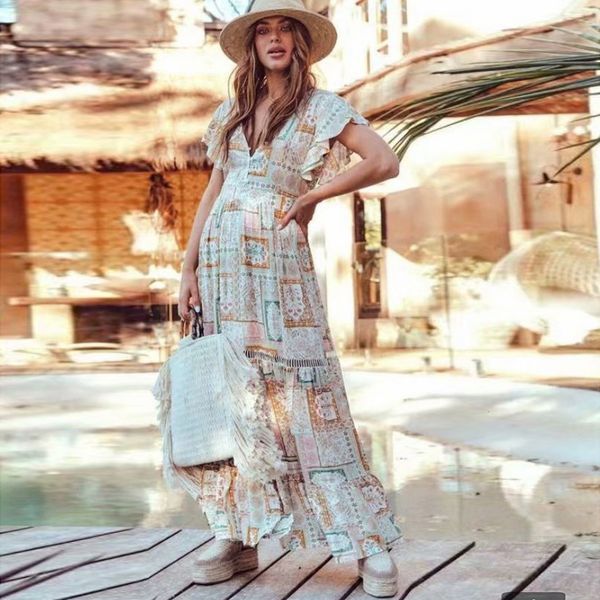 

2021 new short sleeve maxi summer floral print dress beach v neck vintage vestidos casual clothes women dresses 7jdr, White