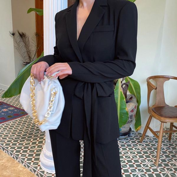 

women's two piece pants 2021 summer fashion casual turn-down collar black high waist slim long sleeve bow suit blazer women s-xl, White