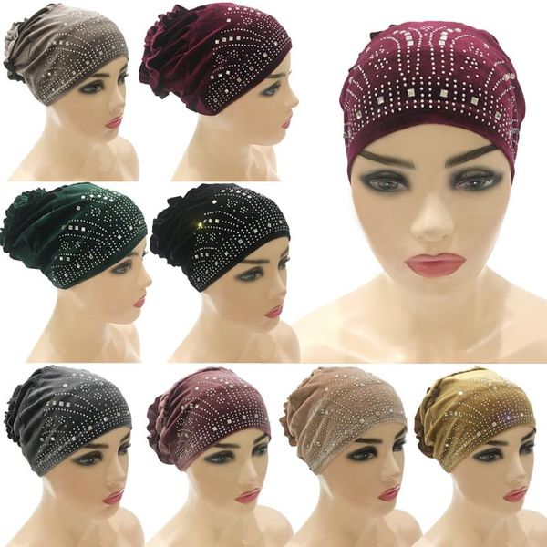 

ethnic clothing trendy muslim hijab bonnet arab turban cap with drilling solid velvet flowers caps for women islamic wrap turbantes, Red