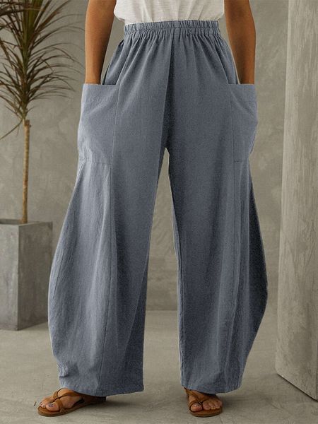 

2020 women's loose casual wide leg elastic waist large pocket cotton linen solid pants, Black;white