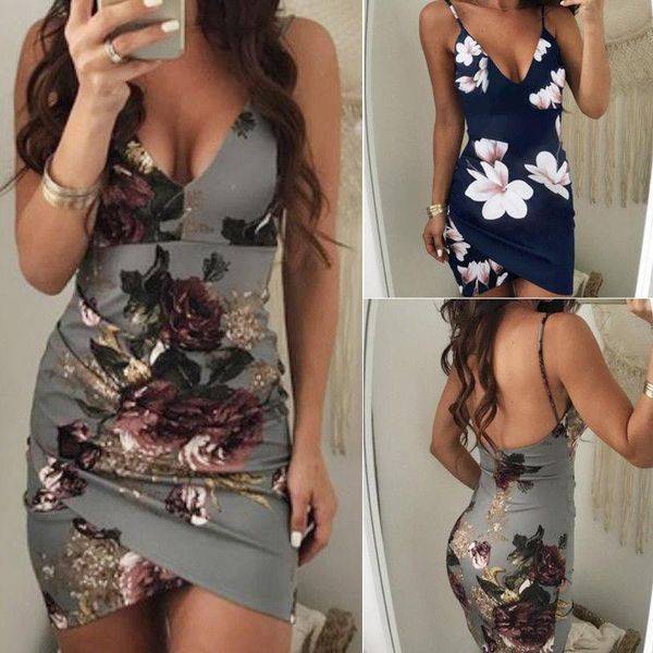 

casual dresses fashion brand est women summer bodycon boho short mini dress clubwear party floral backless skinny slim, Black;gray