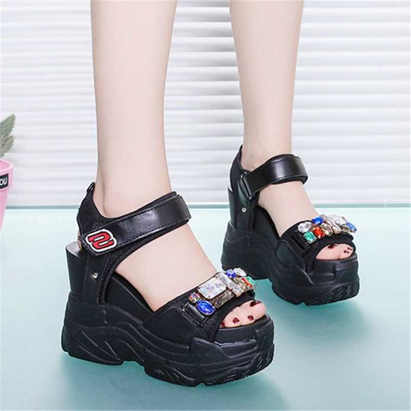 

sandals 2021 summer women 12cm wedges super high heels platform open toe sport classic black white rhinestone beach shoes