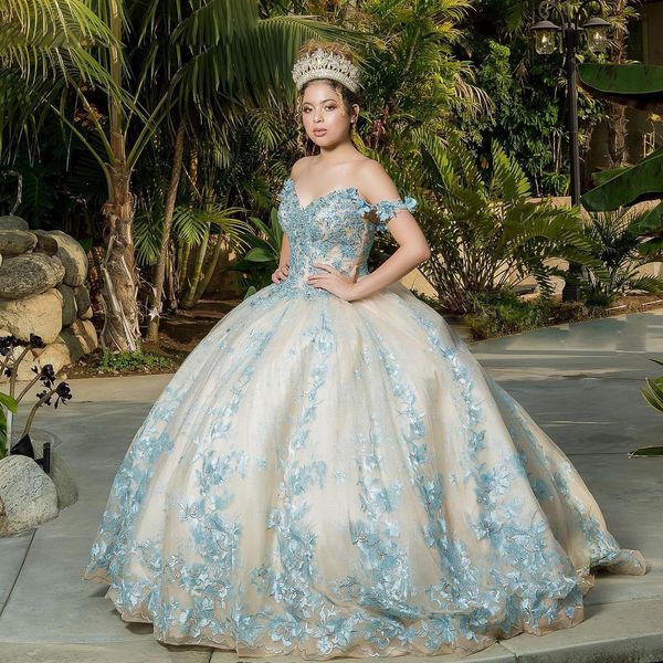 

fabulous lace appliqued ball gown quinceanera dresses sequined off the shoulder beaded prom gowns sweep train tulle sweet 15 masquerade dres, Blue;red