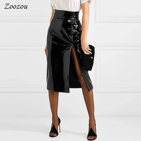 

black split side patent leather pencil skirt women's high waist knee length skirt elegant office lady's latex skirt custom 210309