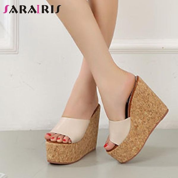 

slippers sarairis brand consise female platform high wedges slip on solid casual holiday women summer shoes woman, Black