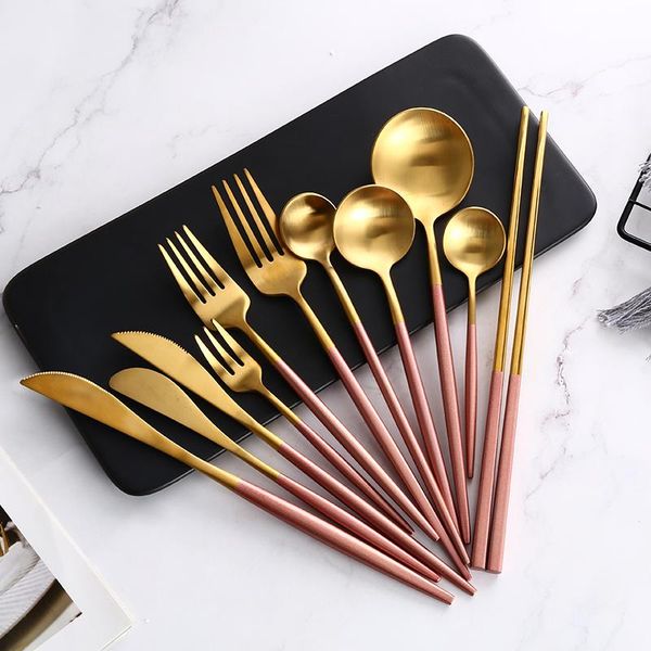 

dinnerware sets home dinner set pink gold western tableware steak knife fork coffee spoon teaspoon steel cutlery stainless