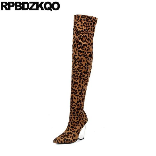 

boots over the knee dance pointed toe chunky high heel shoes clear sheepskin big size cheetah transparent suede slim thigh women, Black