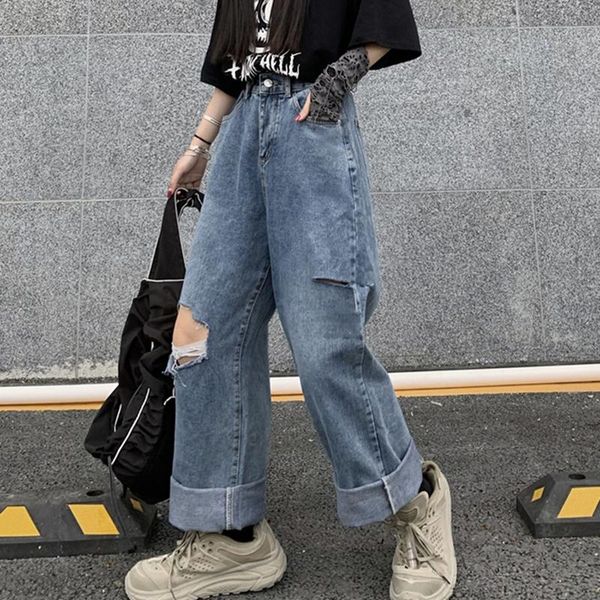 

women's jeans 2021 summer casual woman long trousers cowboy female loose streetwear ripped denim straight pants, Blue