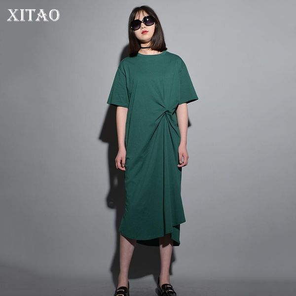

casual dresses [xitao] korea 2021 summer women short sleeve solid color irregular dress female o-neck mid-calf pullover ljt1247, Black;gray