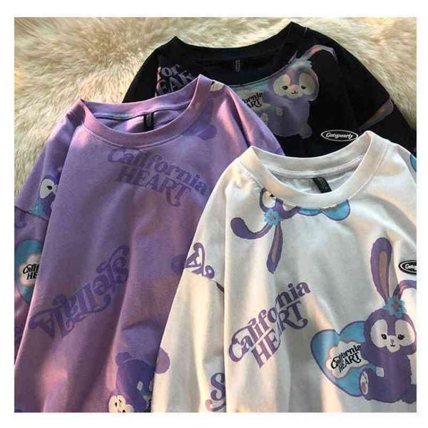 

women's t-shirt couple rabbit love t-shirt mid-length short sleeved ladies summer harajuku style loose and versatile n9c3, White