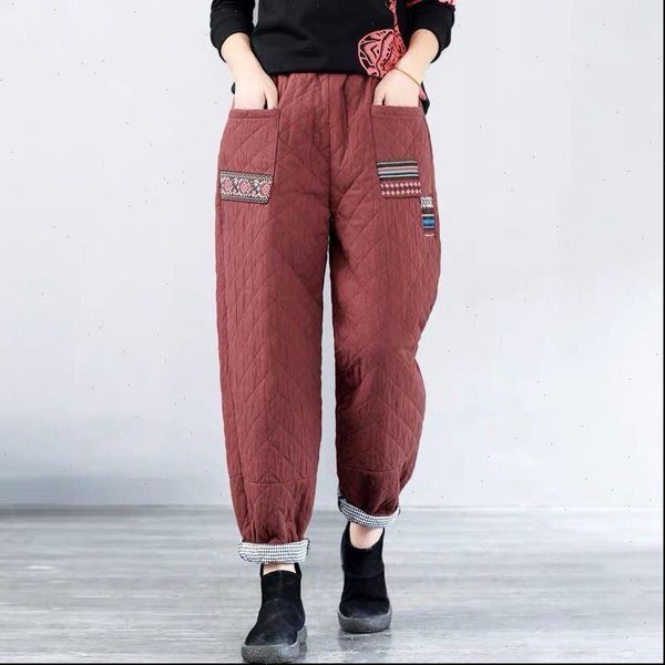 

autumn winter new arts style women elastic waist harem pants quilted thicken warm casual pants loose vintage trousers s527, Black;white