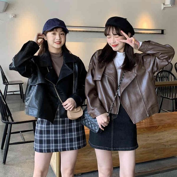 

women's jackets colorfaith spring winter leather outerwear zipper korean style oversized faux short jk743 0pjp, Black;brown