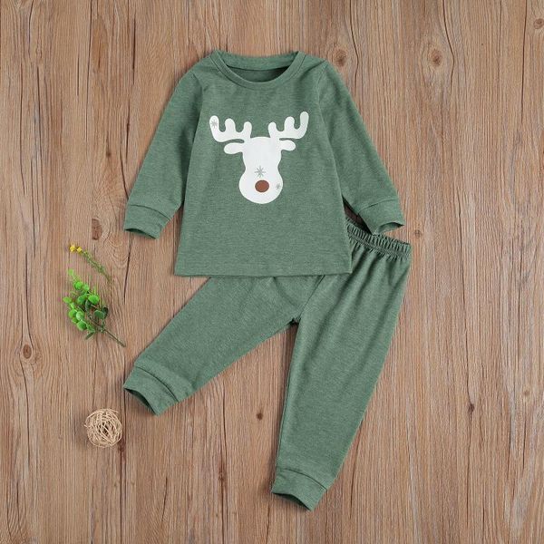 

2pcs newborn baby christmas suit long sleeve crew neck deer print elastic waist pants outfits set age for 0-4 years, White