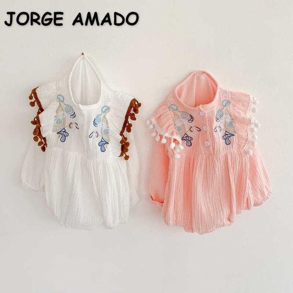 Primavera menina bodysuit rosa branco mangas compridas bordado jumpsuit crianças estilo bonito estilo e2049 210610