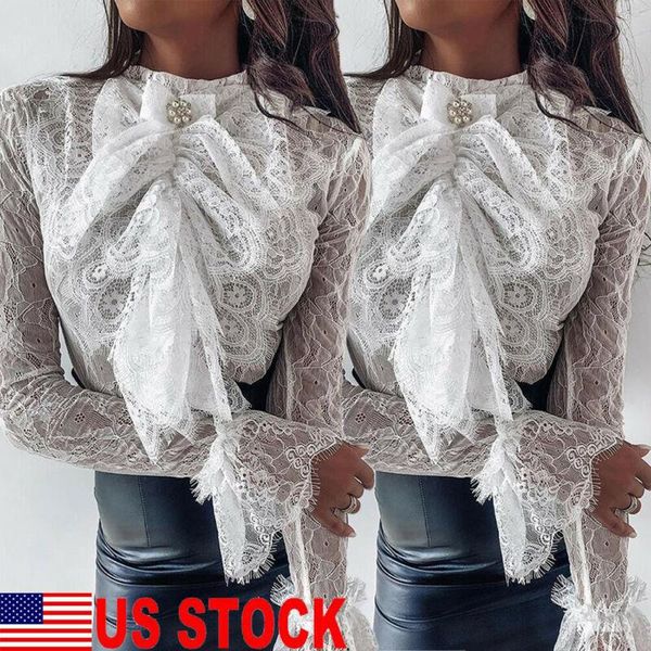 

new autumn and winter ladies lace long sleeve shirt shirt casual bow, White
