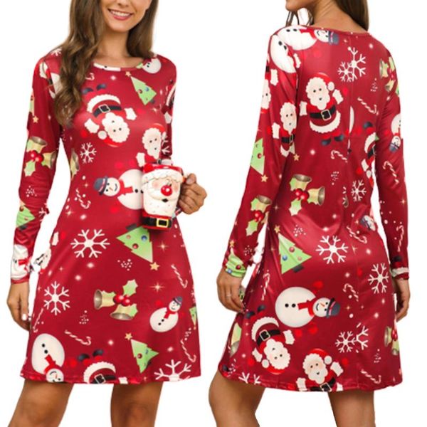 

casual dresses colorful winter dress christmas party clothes women festival wear santa claus sukienka scoop print candy cane a line, Black;gray