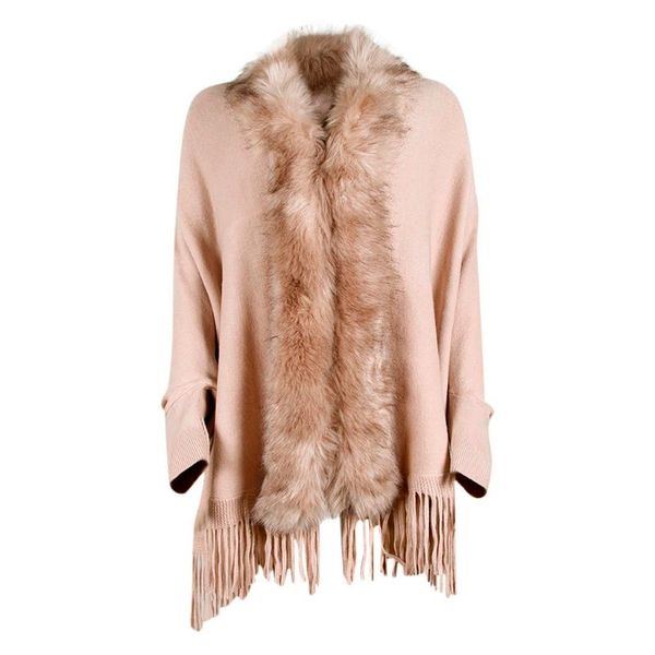 

women's knits & tees fringed cloak shawl fur collar solid color cardigan, White