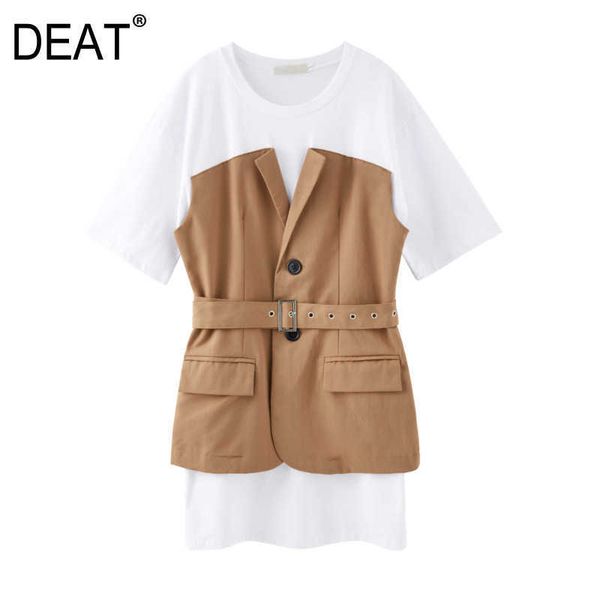 

[deat] summer fashion round neck high waist knee-length splicing short sleeve loose dress women 13c988 210527, Black;gray