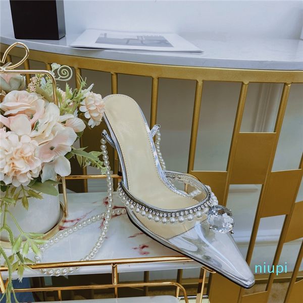 

march women lady shoes transparent pearl chains high 8.5cm heel heeled pump dress summer cool wedding party beadings 2021, Black