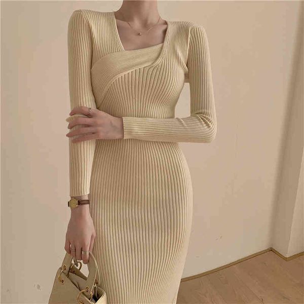 

one-piece korean knitted dress female autumn winter slim-fit bag hip skirt tight-fitting bottoming ladies casual dress, Black;gray